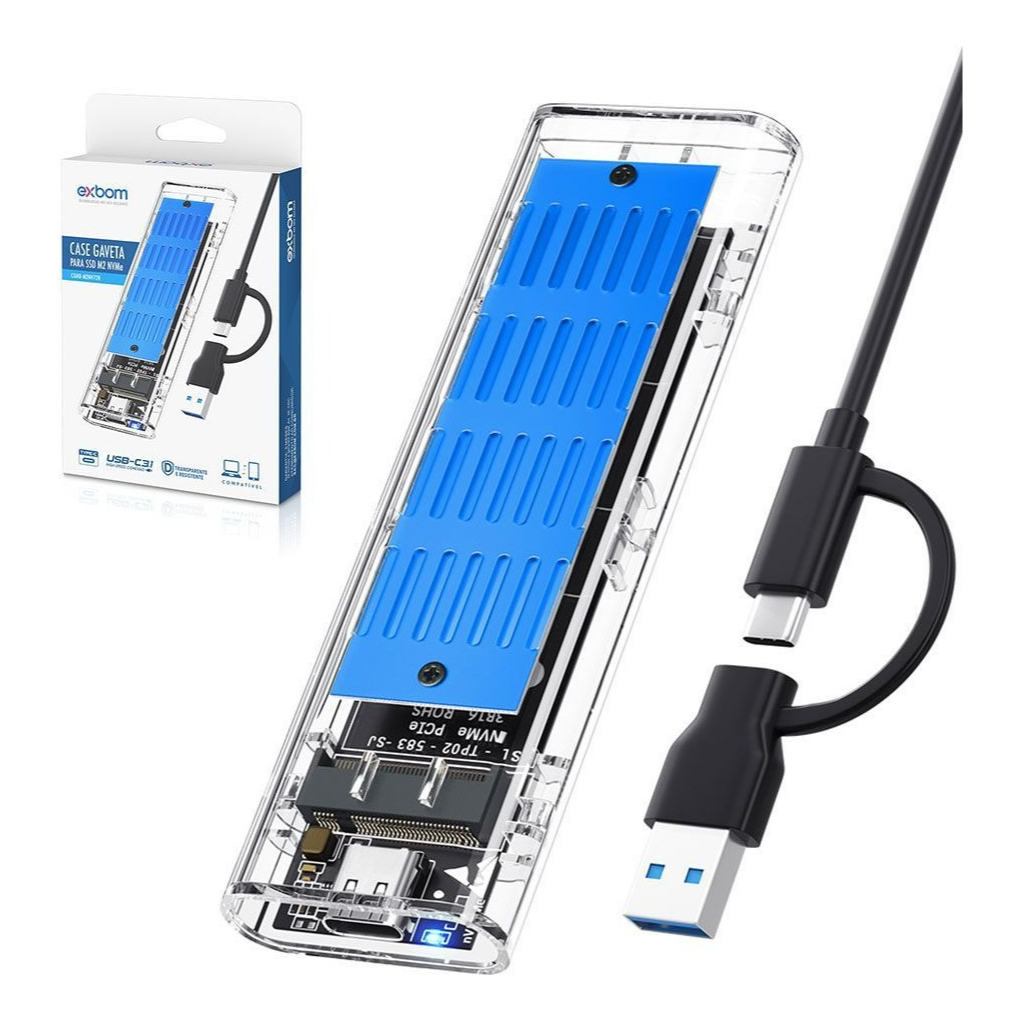 Case Gaveta Para Ssd M2 Nvme M-Key Usb 3.1 Tipo-C Ultra Speed Transparente Com Dissipador