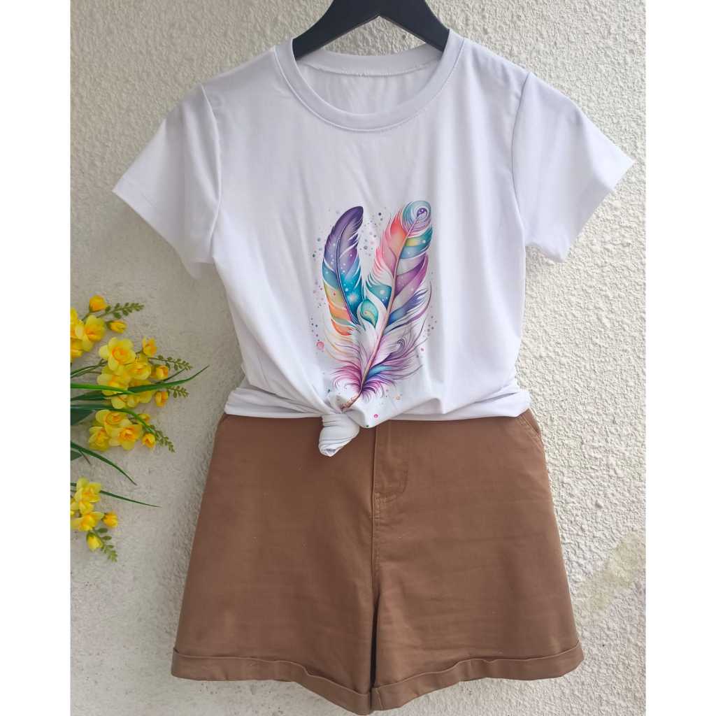 Camiseta feminina estampada branca,Camisa das meninas，camiseta com gola redonda tecido Viscolycra