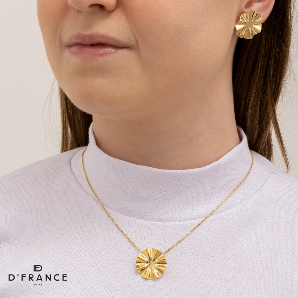 Conjunto Brinco e Colar Flor Orgânico  Banhado a Ouro 18K - D France Semijóias