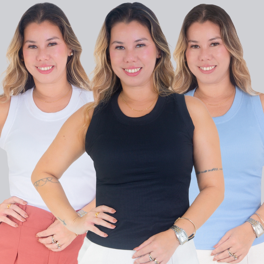 Kit 3 Blusas Ribana Canelada Femininas Lisas Básica Regata Moda Casual Teucati