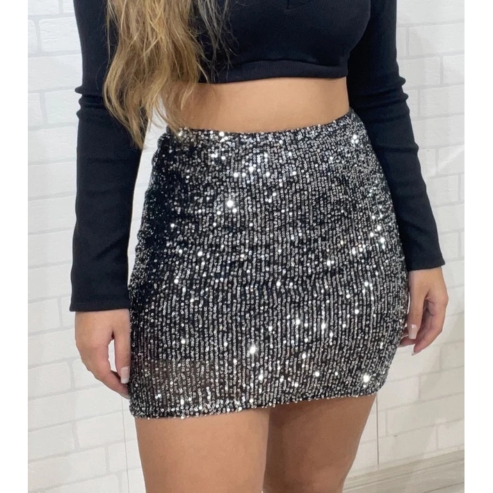 Mini Saia Sxy Paetê com Forro e Elástico curta carnaval brilho festa balada show