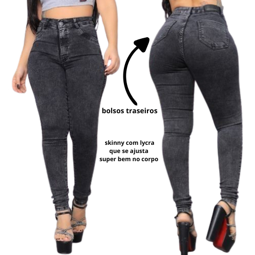 Calça Skinny Feminina Marmorizada Preta/Cinza/Chumbo Cintura alta lycra elastano modela bu...
