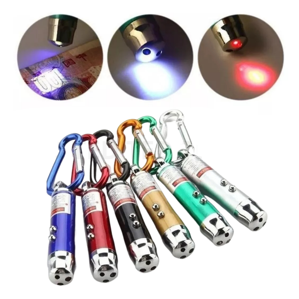 Kit 2 Chaveiros Laser Pointer 3 em 1 Brinquedo Pet Lanterna LED + Baterias Inclusas Grátis