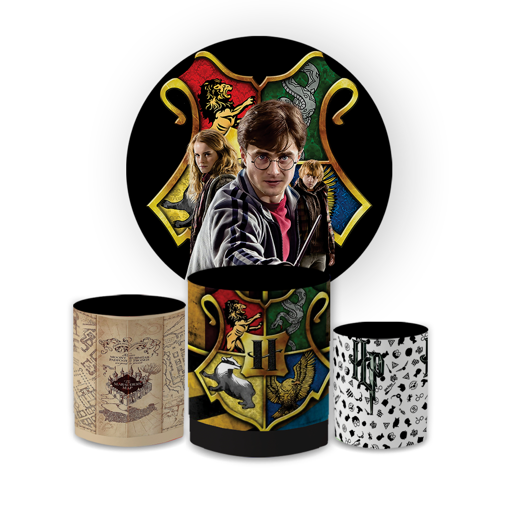 Kit Capa Painel Redondo 1,5 + Trio Capas Cilindros Tecido Sublimado Veste Fácil Tema Hary Ptter Decoração