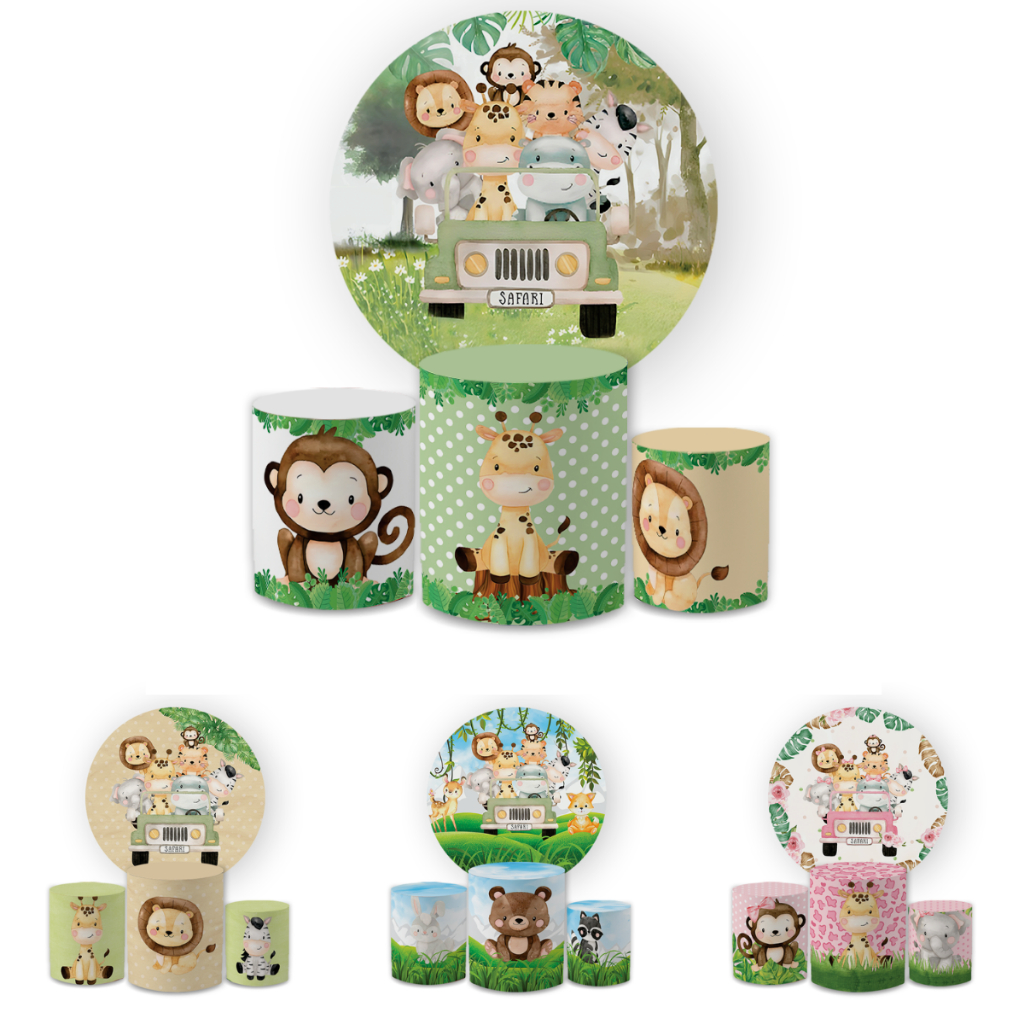 Capa Paineis de Festa Veste Fácil Redondo + Cilindros Malha Safari Animais Decorativo Bibi Paineis