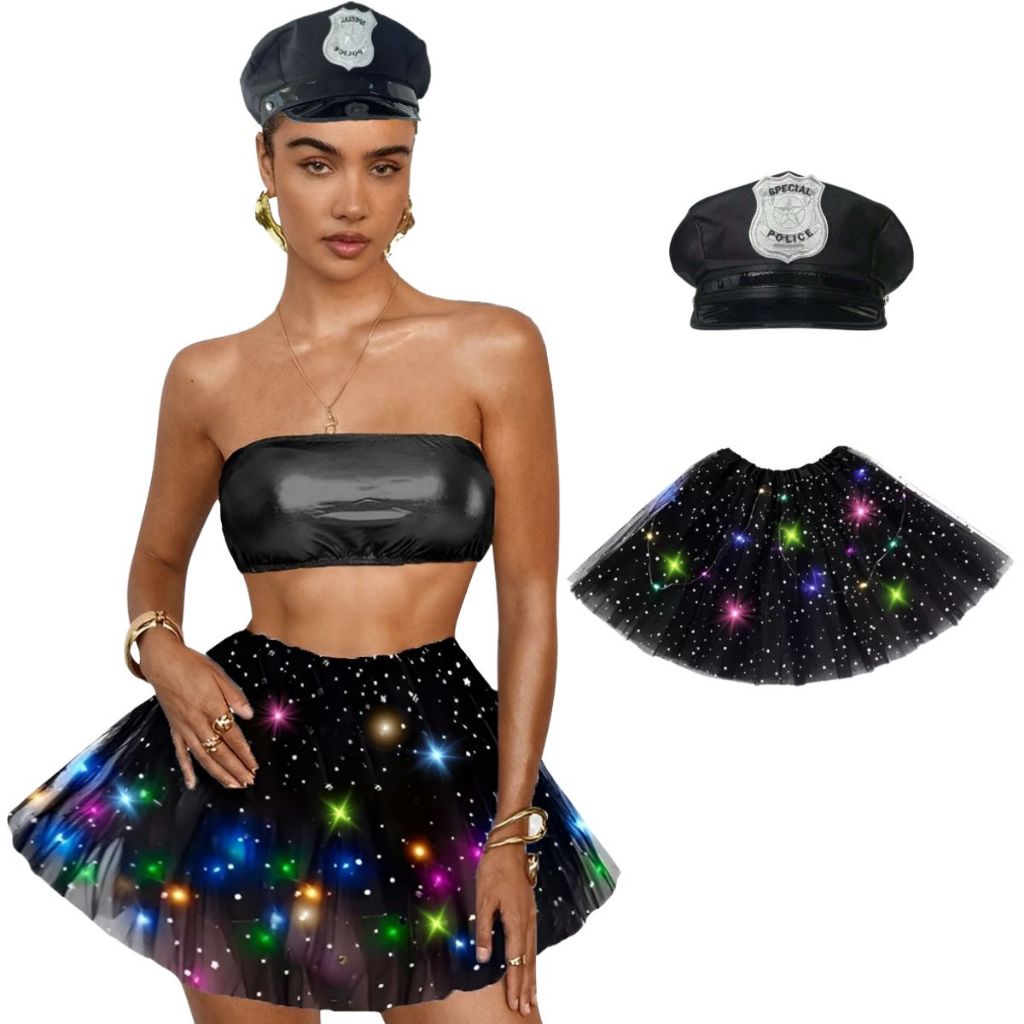 Kit Fantasia Policial Carnaval Saia Tule Luz Led Chapéu 2pçs Festa Bloquinho Tutu Acessório Boné FBI