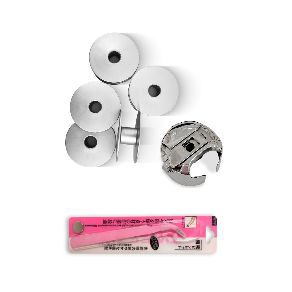Caixa De Bobina Carretilha Máquina Reta Industrial + Kit 5 Bobina Baixa Alumínio + Pinça Ponta Curva