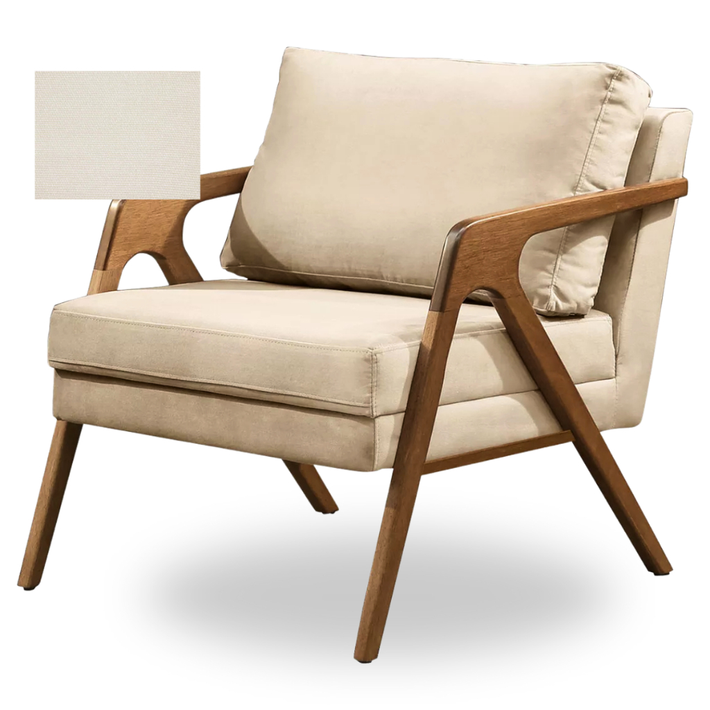 Poltrona Decorativa Mona Luxo Tecido Linho Bege Claro Madeira Maciça Moderna Minimalista P...