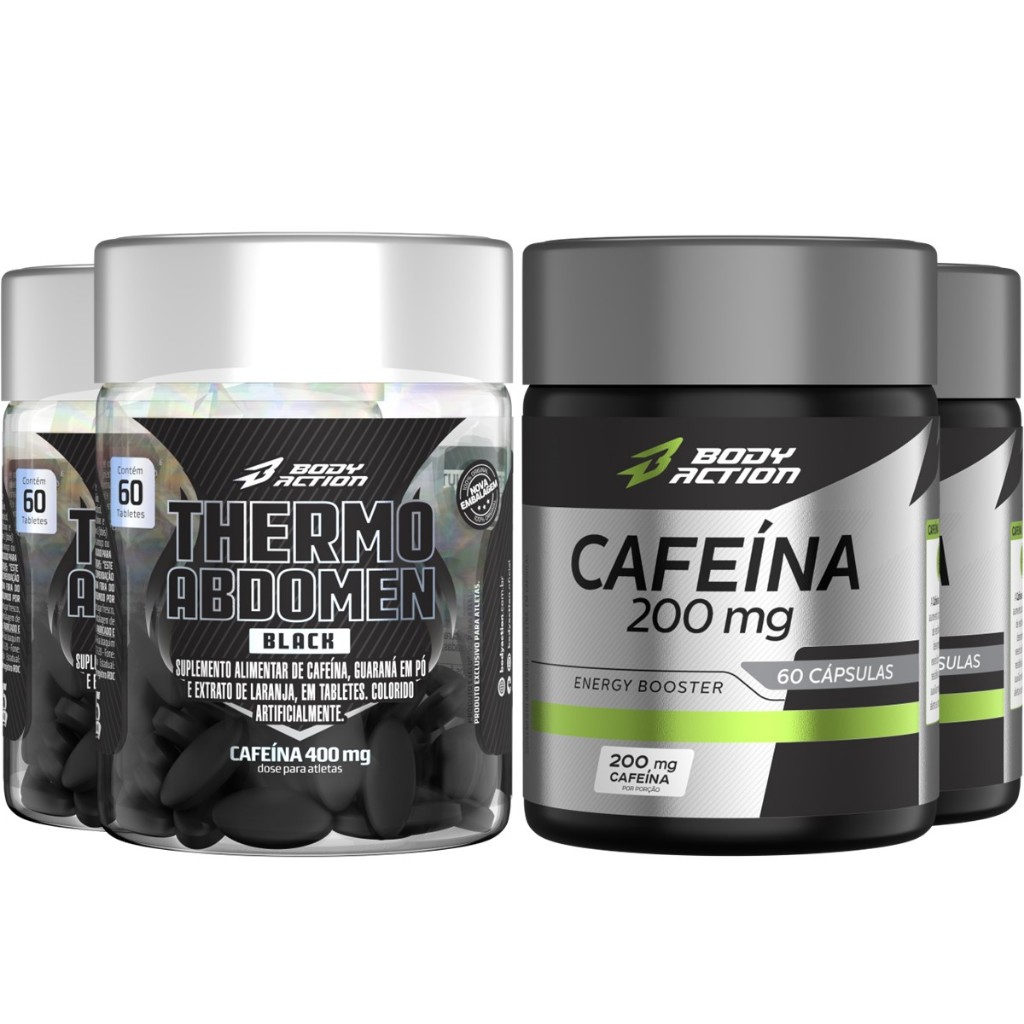 2x Thermo Abdomen Black 60 Comp + 2x Cafeína 200mg Bodyaction em Oferta na Shopee