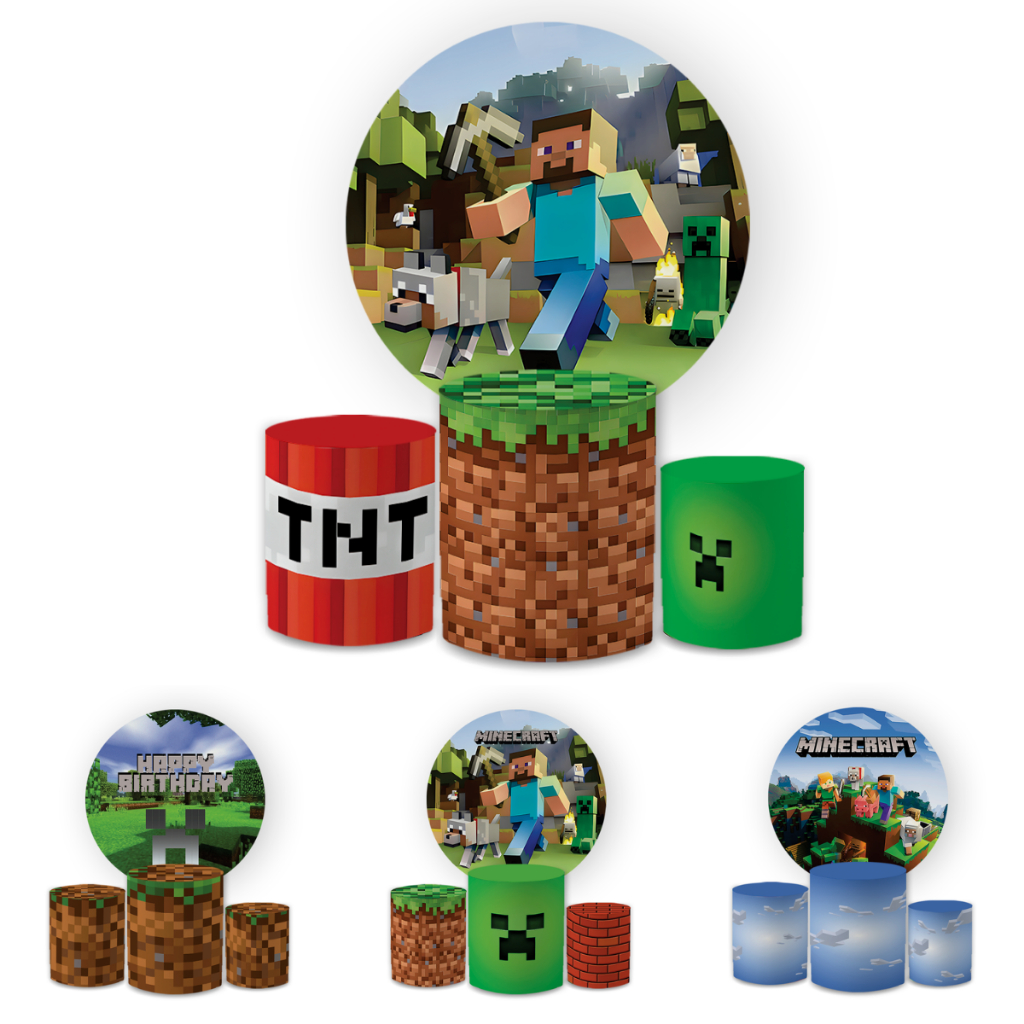 Capa Paineis de Festa Veste Fácil Redondo+ Cilindros Sublimados Tema Mnecraft Infantil Decorativo