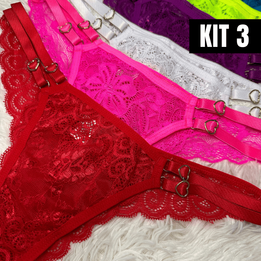 KIT 3 Calcinhas Renda Fio Dental Regulagem Coração Lingerie Sexy Sensual 2 Alças Feminino em Oferta na Shopee