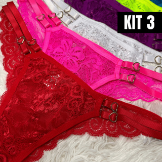 KIT 3 Calcinhas Renda Fio Dental Regulagem Coração Lingerie Sexy Sensual 2 Alças Feminino em Oferta na Shopee