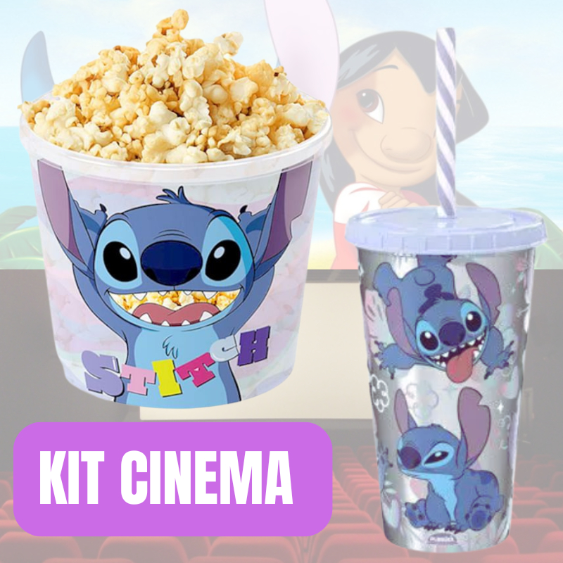 Kit Cinema Lillo Stitch Com Balde de Pipoca e Copo Com Canudo