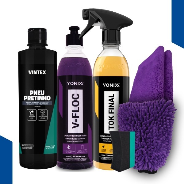 Kit Pneu Pretinho Shampoo V-Floc Cera Tok Final Carnauba Vonixx