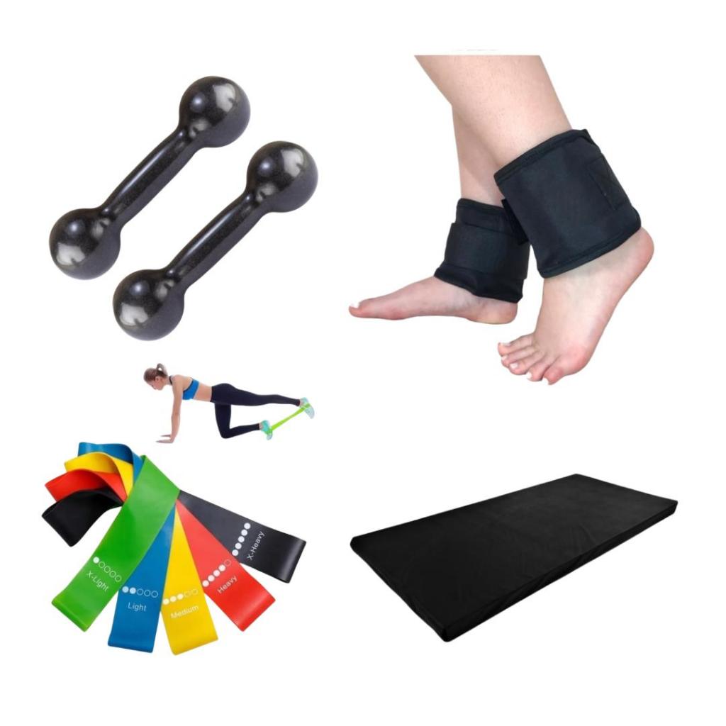 Kit Academia Em Casa Par Peso Halter 1 Kg + Par Caneleira 1 Kg + Colchonete +  Kit 5 Faixas Elásticas Theraband em Oferta na Shopee
