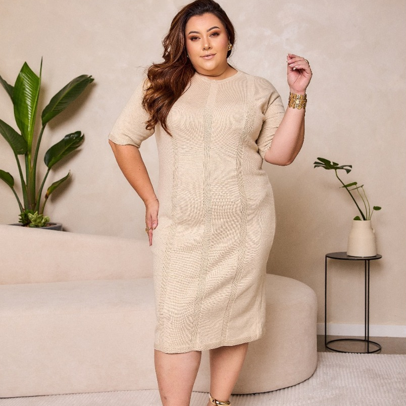 Vestido Midi Tricot Modal Plus Size Moda Evangélica Com Manguinha