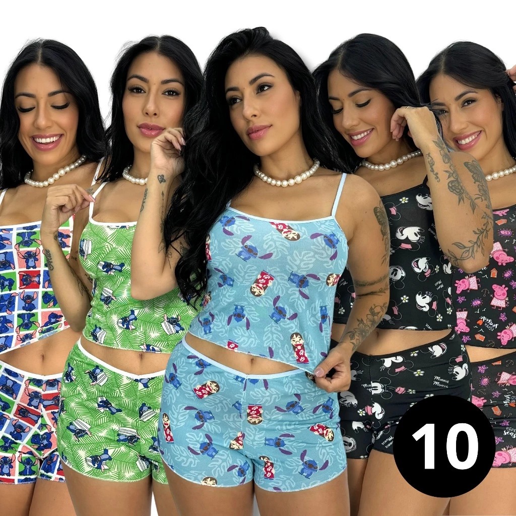 KIT 10 Pijamas Baby Doll Micro Estampado Conjunto Feminino SAPEQUINHA Short Doll Curto de Dormir em Oferta na Shopee
