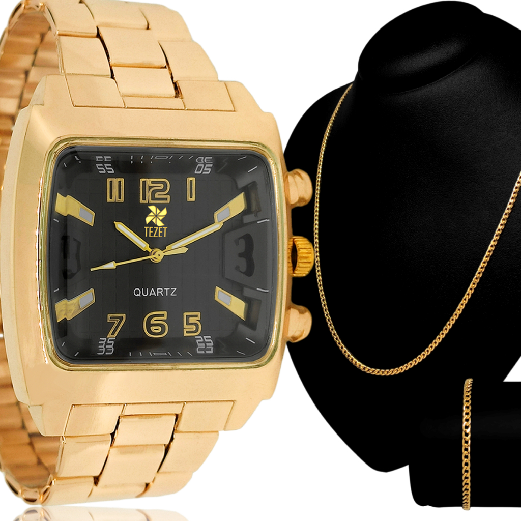 Kit Relógio Masculino Quadrado Top Original + Corrente 18k em Oferta na Shopee