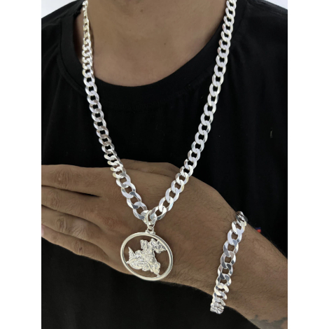 KIT CONJUNTO CORRENTE DE PRATA GRUMET 70CM COM PULSEIRA DE PRATA GRUMET E PINGENTE SAO JORGE FOLHEADO A PRATA 925