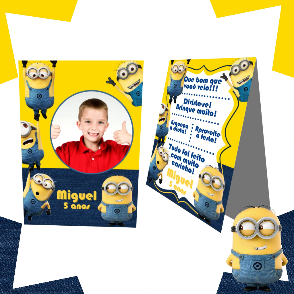 Plaquinha de agradecimento centro de mesa /cartao de agradecimento de mesa MINIONS COM FOTO