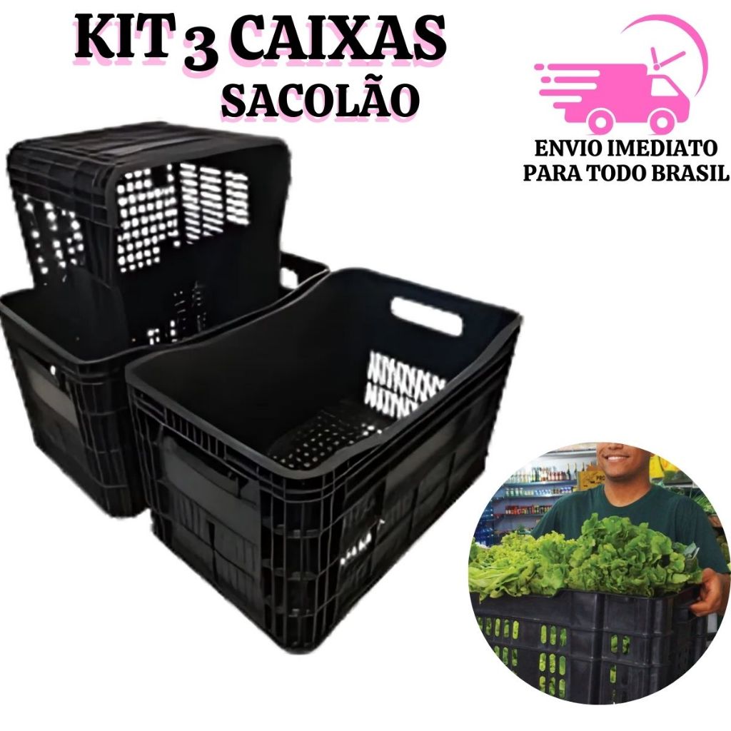 3 Caixas Plastica Hortifruti Compra Vazada Empilhavel Preta Mercado Frutas
