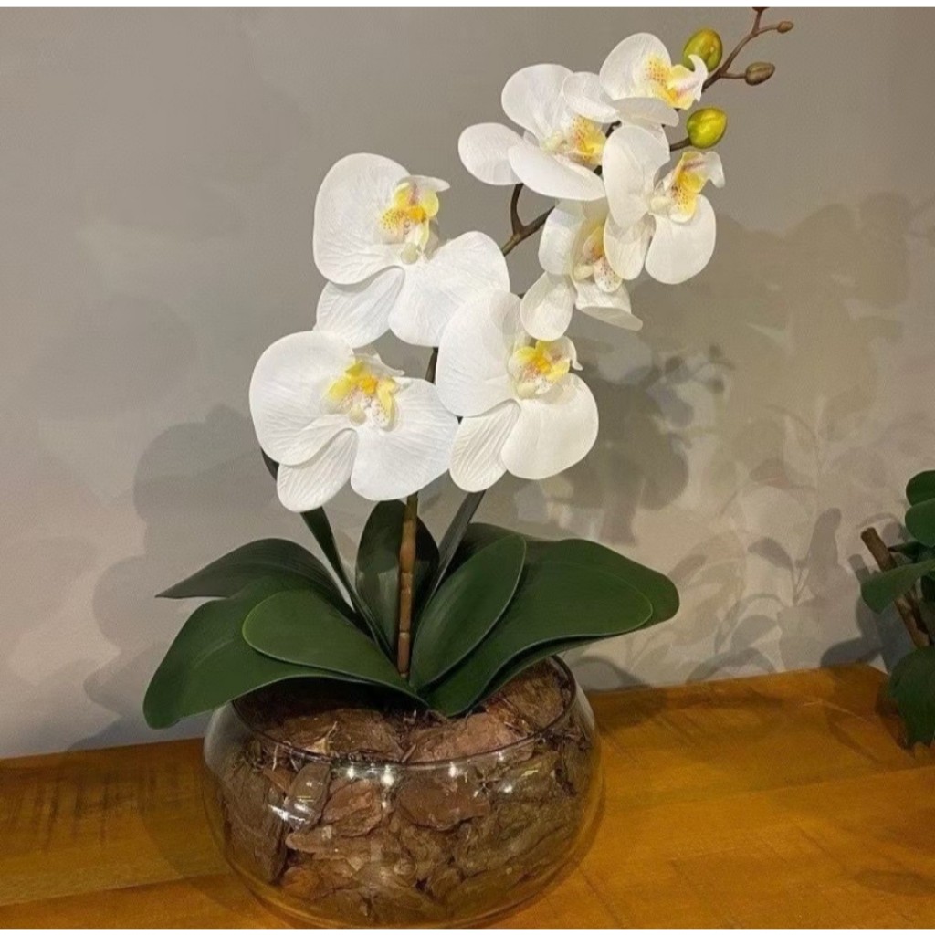 Kit Haste De Orquidea Branca Artificial Silicone Com Folha De Orquídea Verde Artificial Arranjo Completo