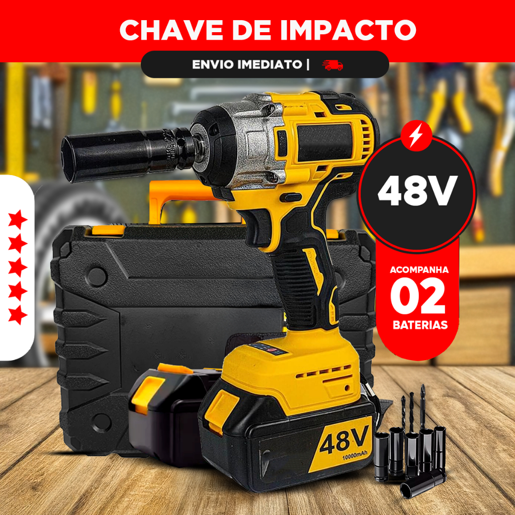 Chave de Impacto 1/2" 48V Profissional com 2 Baterias de Litio Recarregável Portátil Parafusadeira em Oferta na Shopee