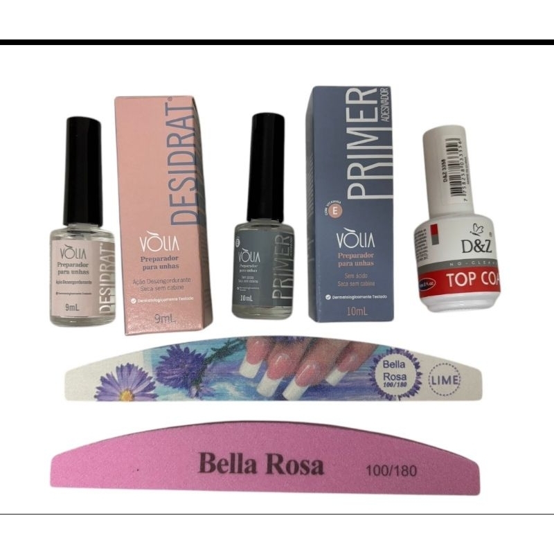 Kit preparadores Volia prep e desidrat 10ml + top coat D&z 15ml