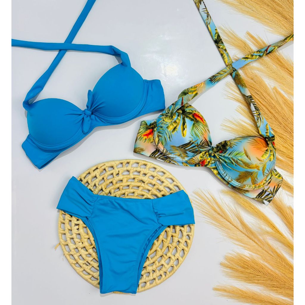 Kit Caiçara Beachwear, dois Top bojo com calcinha, azul e amarelo, estampado, plus size, praia