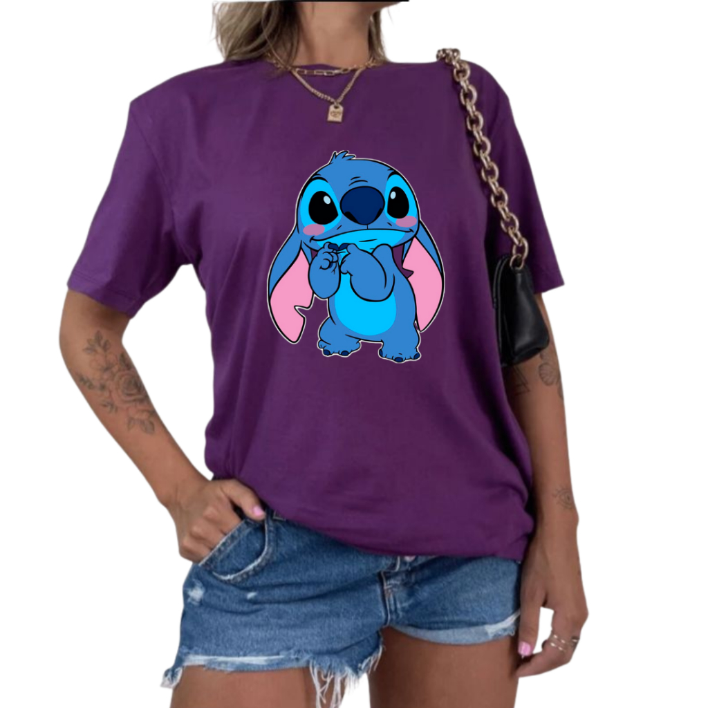 Camiseta Personalizada Ursinho Stitch Tímido Blusa 100% Algodão Casual