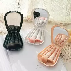 Kit 5 Pincéis Com estojo Formado De concha do Mar com Espelho Portátil para Aplicação de Maquiagem