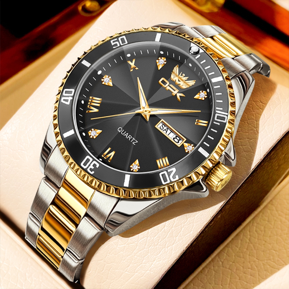 OPK Relógio Masculino A Prova D Água Original Aço Inoxidável Calendário Luxo Dourado Preto 8171