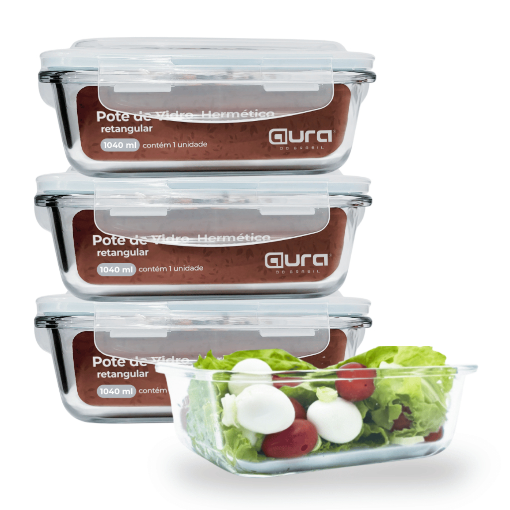 Jogo de Potes Vidro Hermético Transparente 4 Travas Marmita Premium 1040ml em Oferta na Shopee