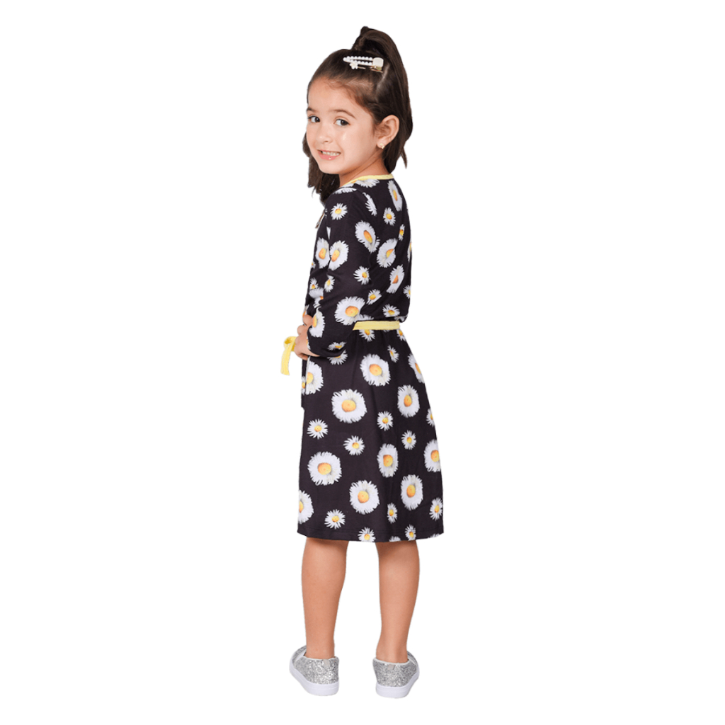 Vestido Infantil Preto Floral Margaridas Manga Longa — imagem 2 de 2