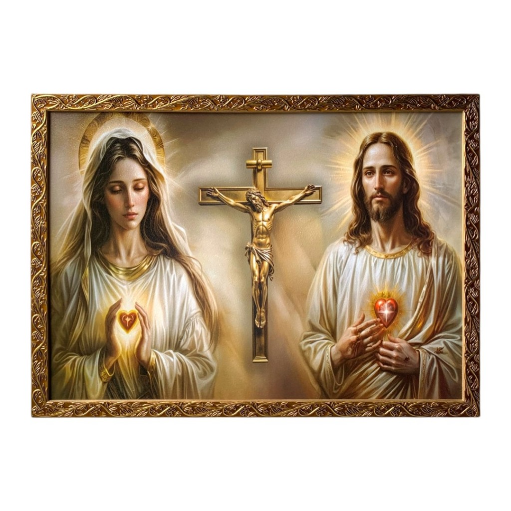 Quadro Sagrado Coração De Jesus e Maria Cruz Dourado Resinado 50x70cm.