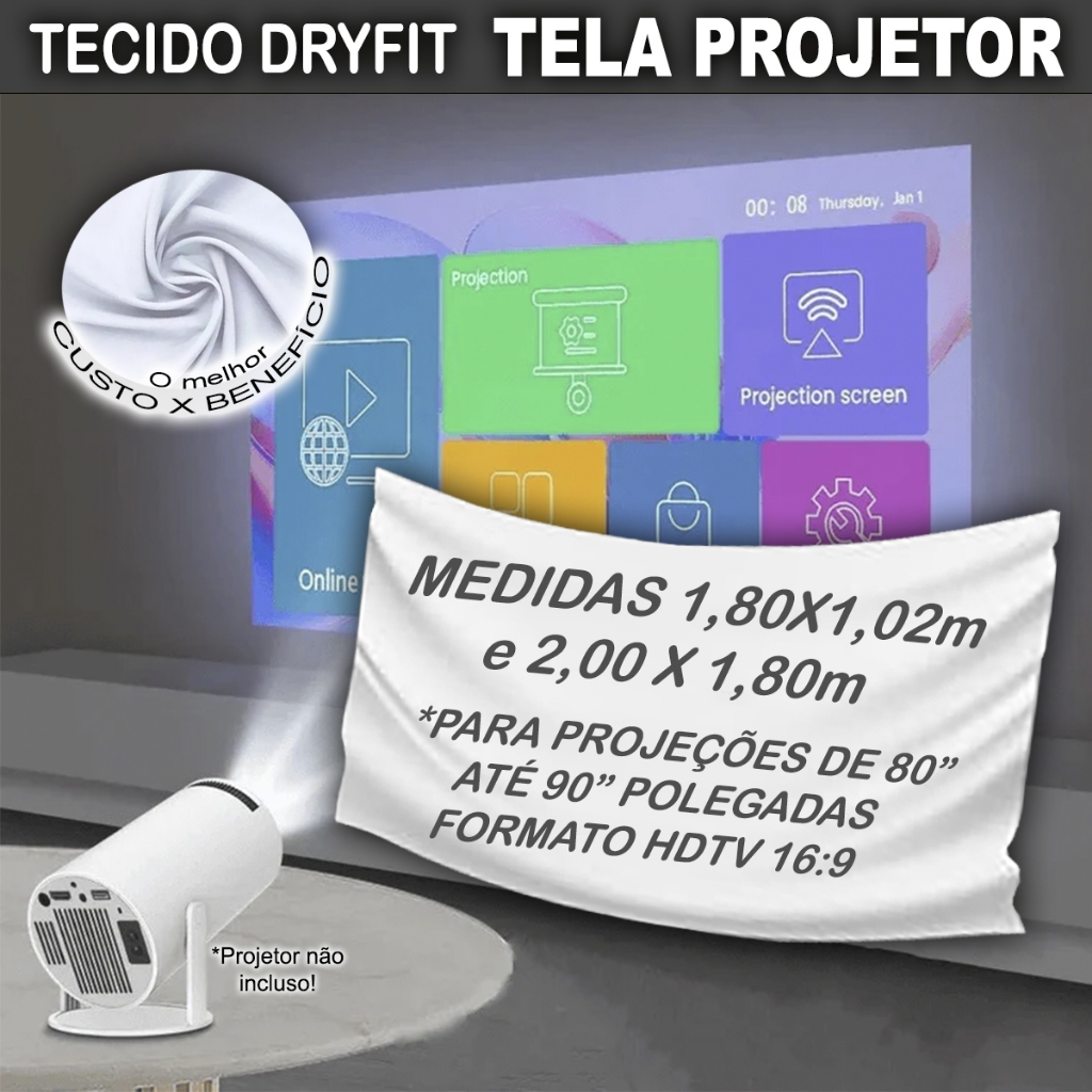 Tecido Para Tela Projeção Dryfit 100% Poliéster 80 e 90 Polegadas