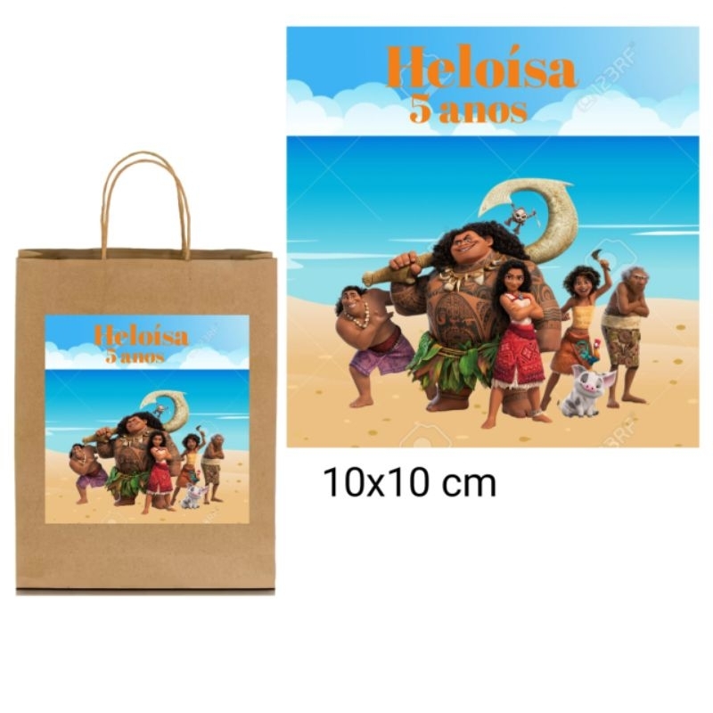 Rótulos Adesivos para Sacola Kraft Moana  tamanho 10x10 personalizados | Fazemos qualquer tema | lembrancinhas