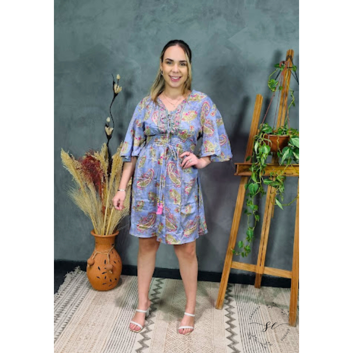 Vestido Curto Feminino Samsara Maya - Seda Indiana, Estampado, Charmoso e Sofisticado