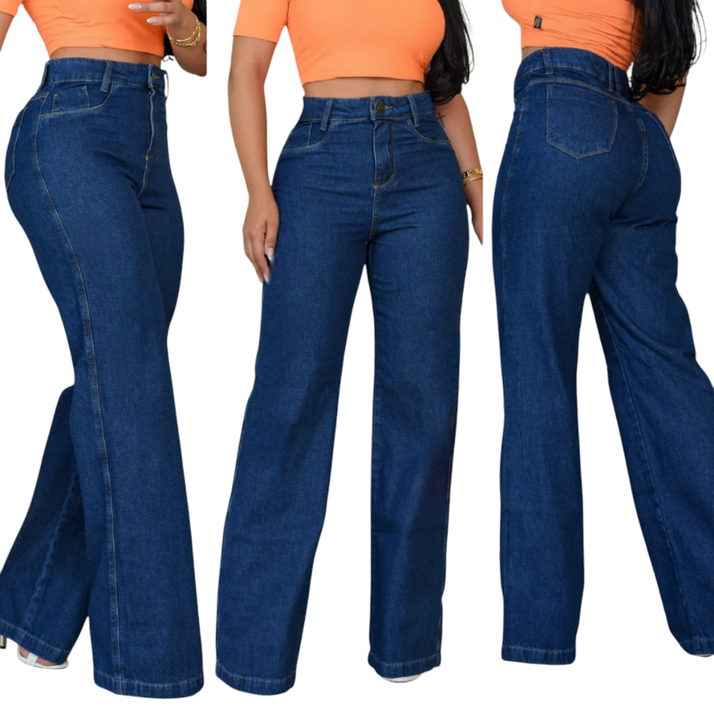 Calça Jeans Wide Leg Escura Estilo Pantalona Cós Alto Modeladora e Cintura Alta em Oferta na Shopee