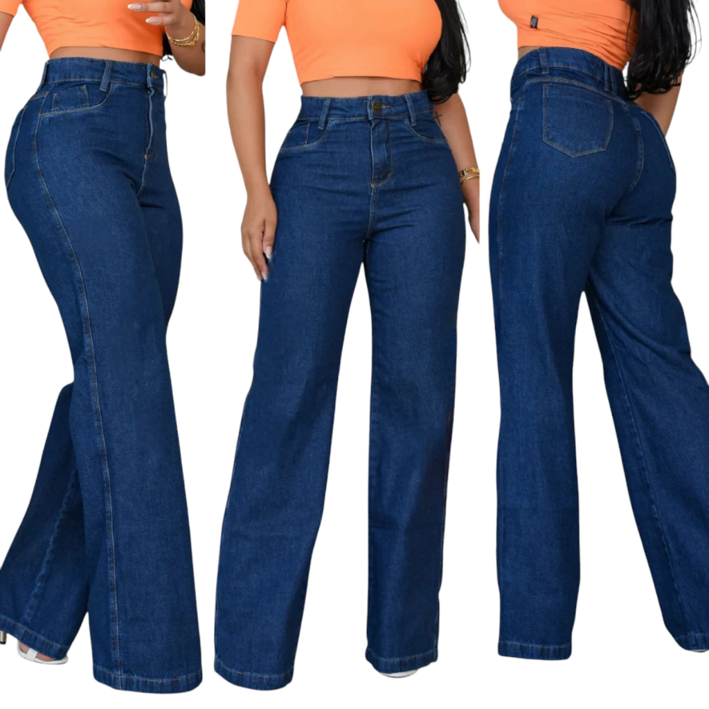 Calça Jeans Wide Leg Escura Estilo Pantalona Cós Alto Modeladora e Cintura Alta