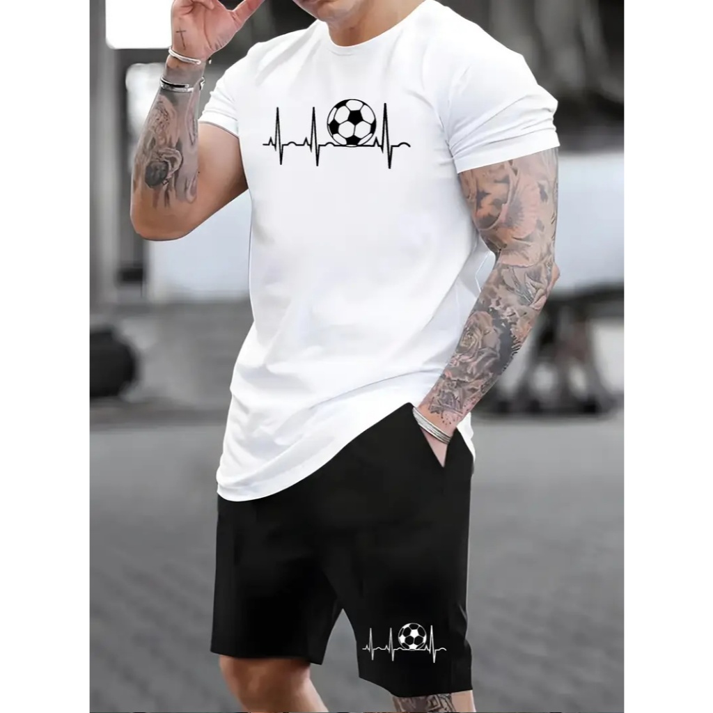 Conjunto Moletom Masculino Camiseta Basica + Short Moletom Bola de Futebol Batimento