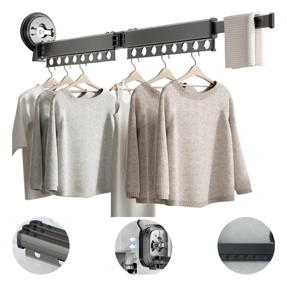 Cabideiro Varal De Roupas Parede Lavanderia Retrátil De Aluminio