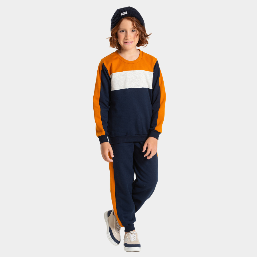 Conjunto Inverno Menino  Blusão e Calça em Moletom Básico com Recortes