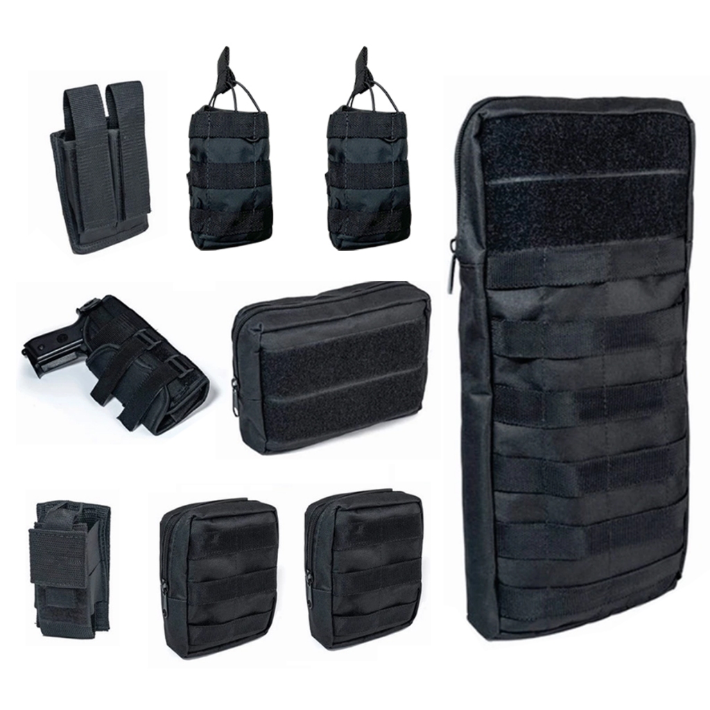 Kit De 9 Acessórios Para Colete Modular Preto Camelback Molle Tático Airsoft