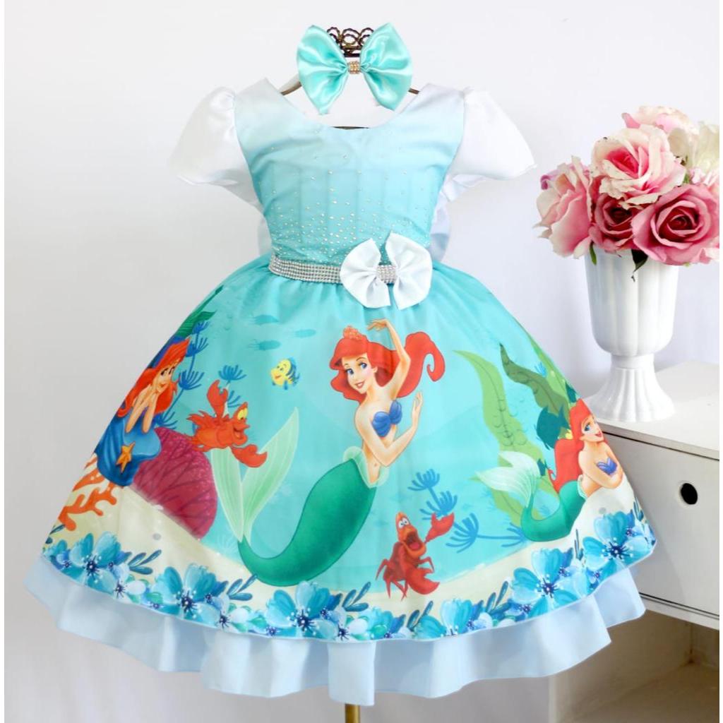 Vestido Infantil Ariel Pequena Sereia Luxo 4 ao 12 Luxo em Oferta na Shopee