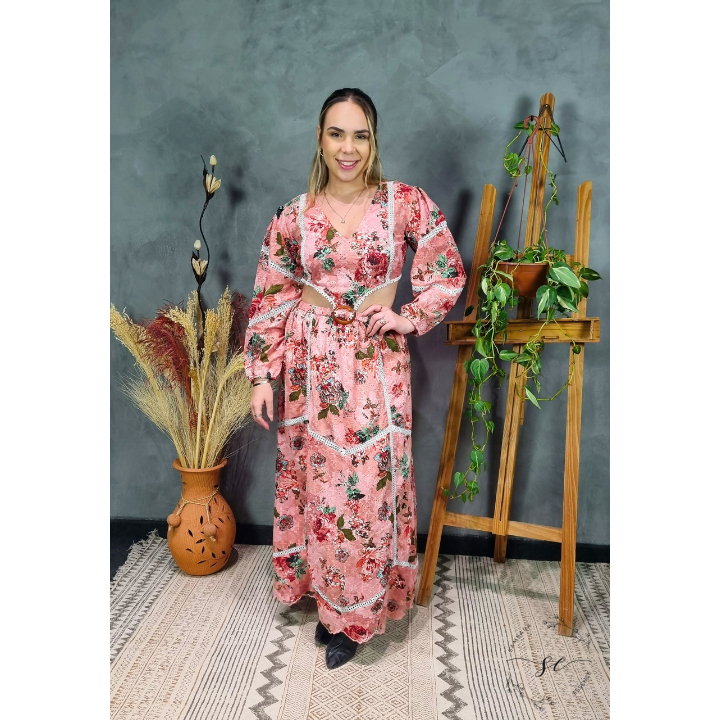 Vestido Longo Feminino Samsara Kavya - Lese Floral, Elegante, Detalhes Vazados e Mangas Bufantes
