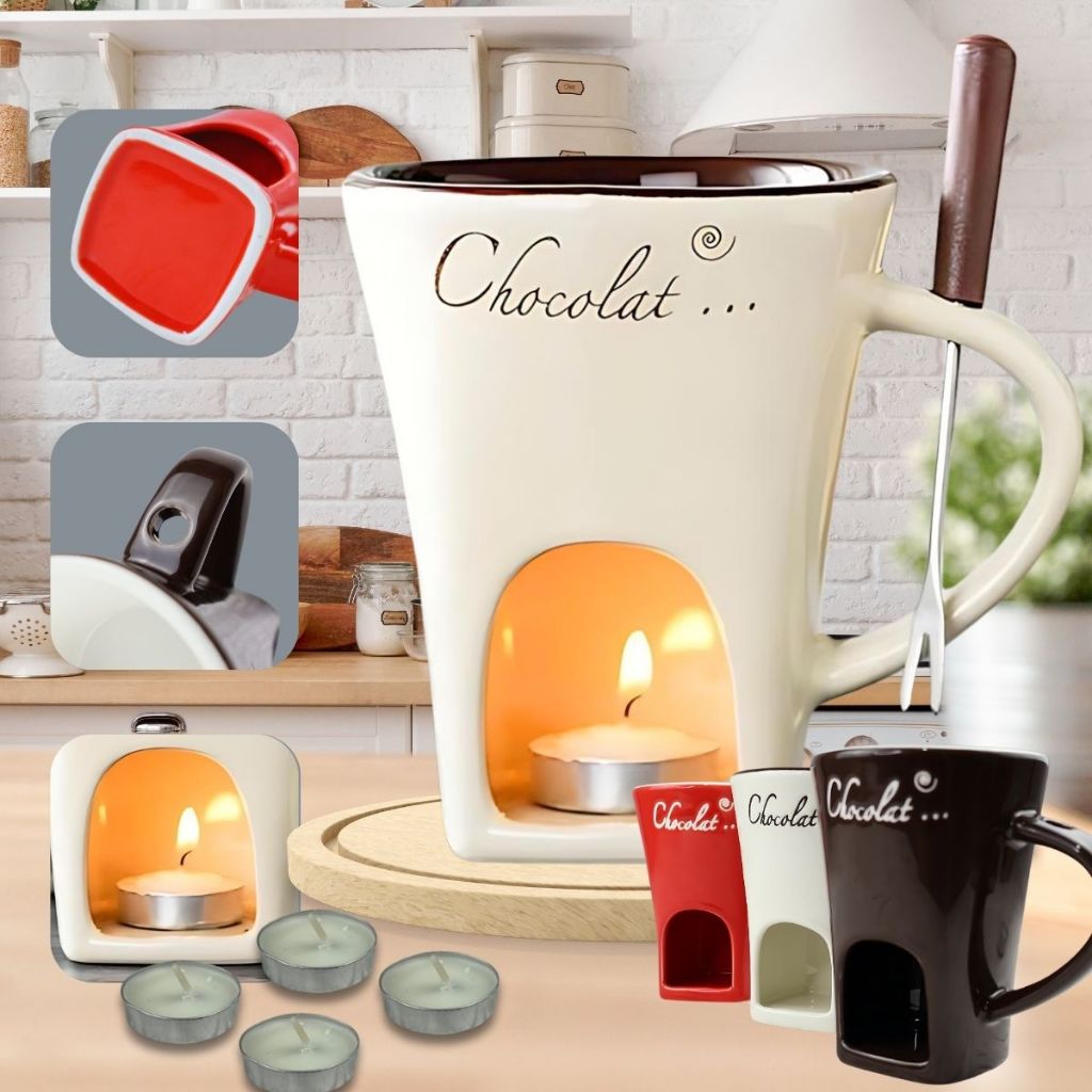 Kit Caneca Fondue Completo Porcelana Chocolate Culinária para Sobremesas Quentes Dia dos N...