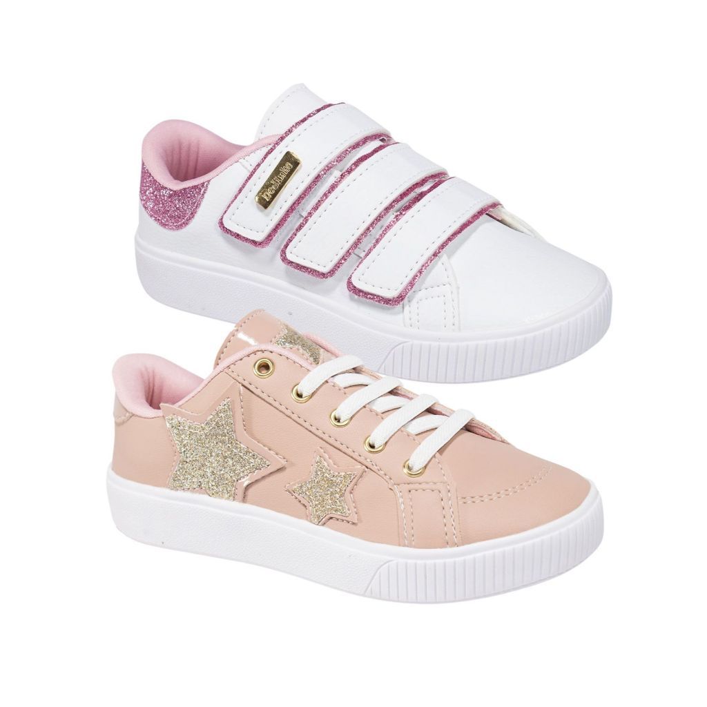 Kit 2 Pares Tênis Menina Infantil Sapatênis Escolar Estrelas Glitter Feminino Super Confortável