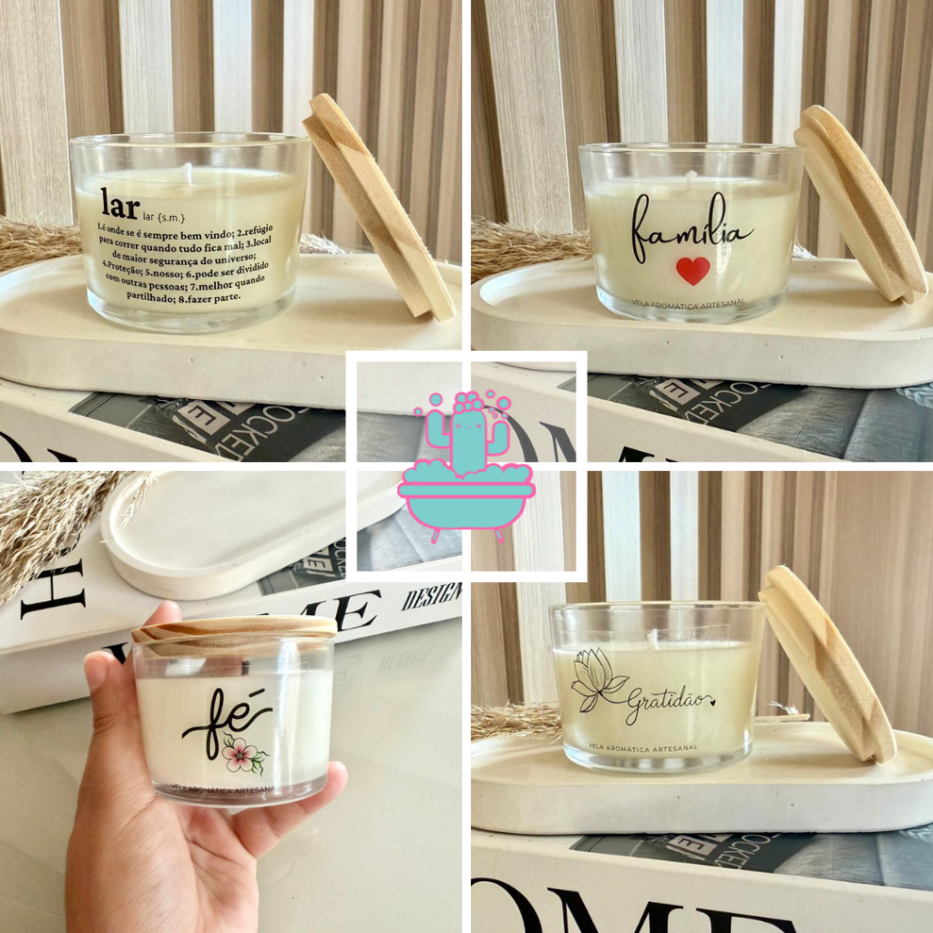 Vela perfumada frases -  100g COM TAMPA DE MADEIRA - ARTESANAL VEGANA