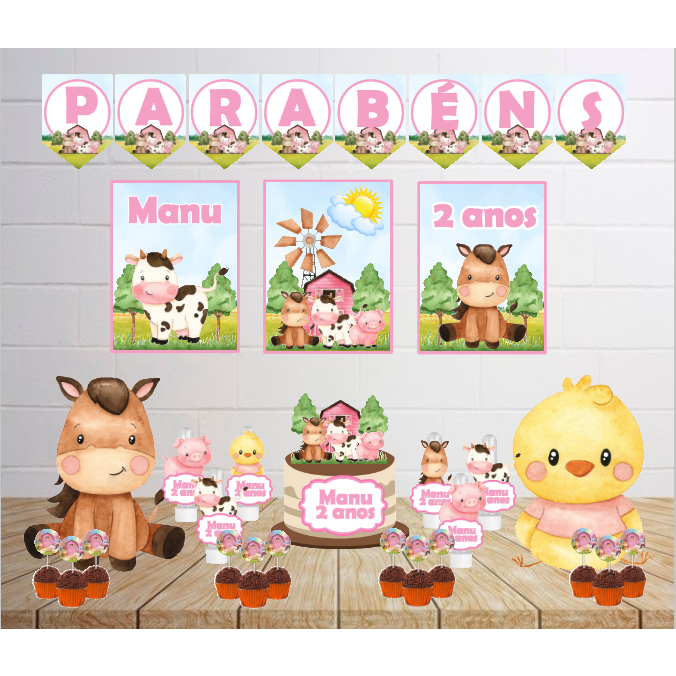 Kit Personalizado Festa Infantil Fazendinha Menina Rosa Decoração Aniversário Só Um Bolinho Lembrancinhas Mêsversário